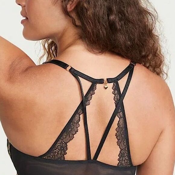 Victoria’s Secret very sexy uplift plunge lace racer back floral black bra 32D - Picture 3 of 7